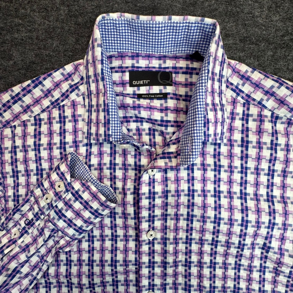Quieti Button Down‎ Shirt Mens S Purple Blue Geometric Check Long Sleeve Cotton